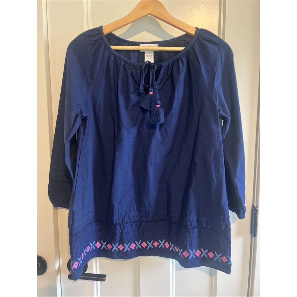 Vineyard Vines Embroidered Blouse Women's XS Blue Casual Linen Feel Gauze‎